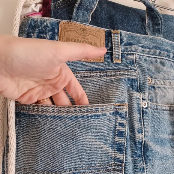 Handmade Original Design Upcycled Jeans Denim Drawstring Backpack Floral Lining - Picture 8 of 14